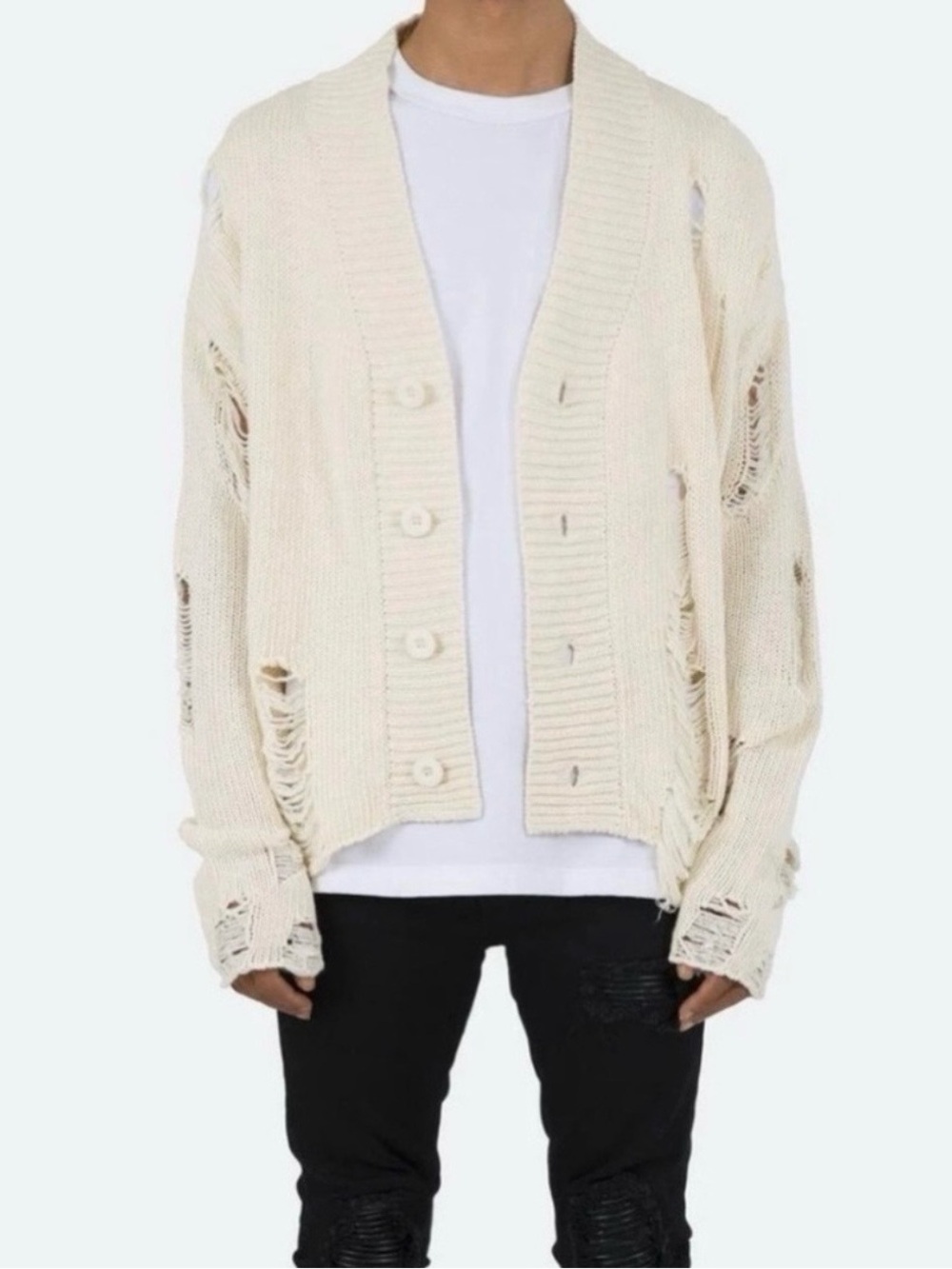 MNML Cream Distressed Shawl-Collar Knit Cardigan
